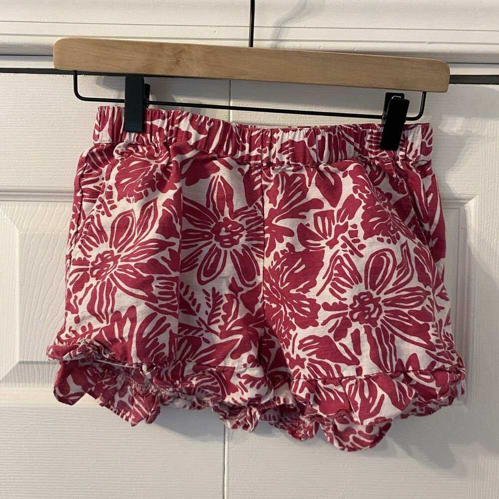 JCrew Crewcuts Shorts Girls size 12 Pink Cotton Floral Pull On Ruffle Hem